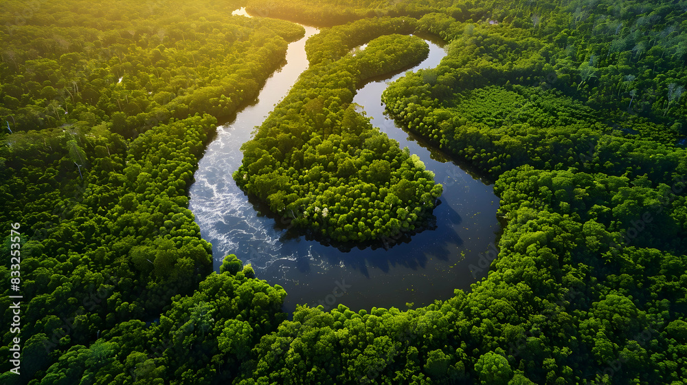 An aerial view of a winding river through a dense forest, with the sunlight creating dappled patterns on the water An aerial view of a winding river through a dense forest, with the sunlight creating dappled patterns on the water