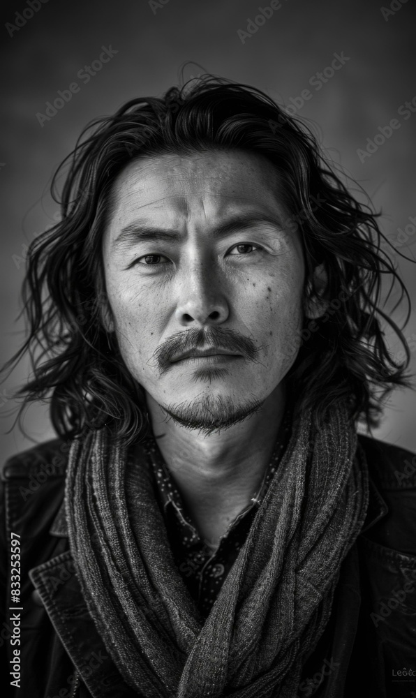 Portrait of a man with long hair and a mustache wearing a scarf. AI.