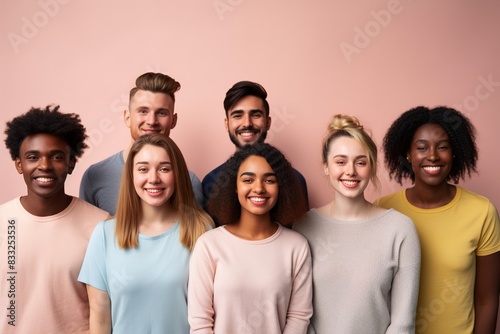 A group of people with different skin tones are smiling for a photo