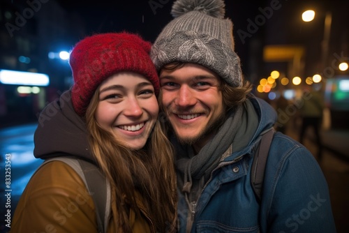 A couple is smiling and posing for a picture in the dark