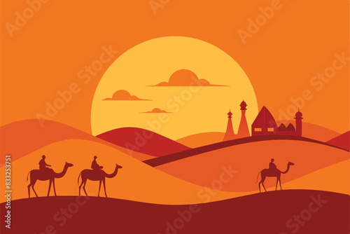 Sunset Arabic Desert Camel Caravan Muslim Islamic Culture vector Illustration