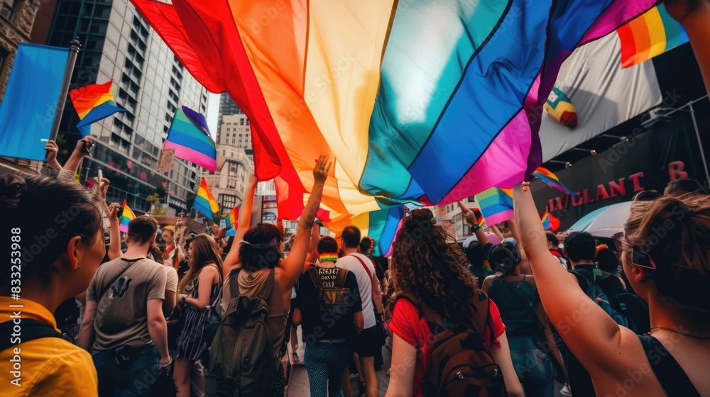 Naklejka premium Women enjoying the celebrations of the pride LGBTQ day in city with balloons with flags