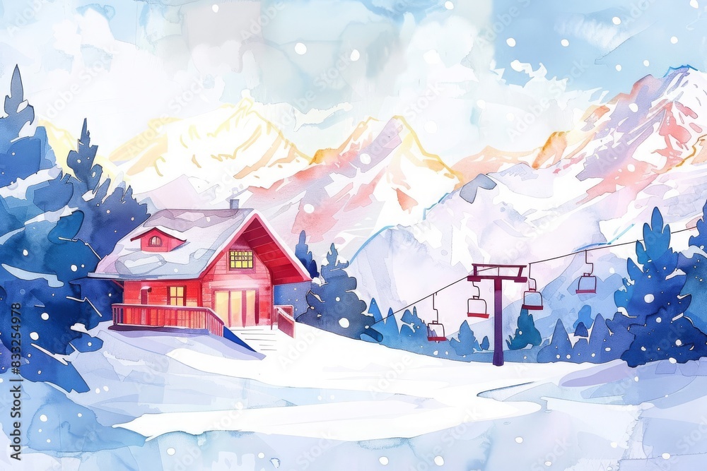 Naklejka premium Charming watercolor winter landscape with snowy mountains, a cozy cabin, and a ski lift surrounded by pine trees on a sunny day.
