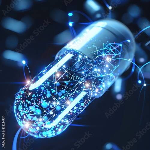 A close up of a holographic pill bottle with digital effects highlighting its uses and benefits Minimalist, Digital art, blue and white, high clarity