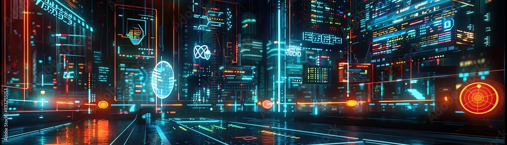 A digital landscape of a city with cyber threat warnings displayed on virtual billboards Cyberpunk, Digital painting, dark with neon lights, detailed cityscape A digital landscape of a city with cyber threat warnings displayed on virtual billboards Cyberpunk, Digital painting, dark with neon lights, detailed cityscape