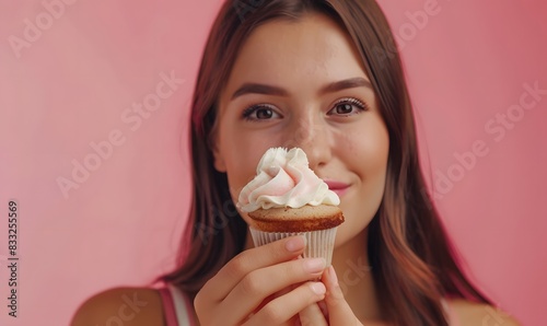 Beautiful woman holding sweet cupcake with whipped cream on pink background  Generative AI