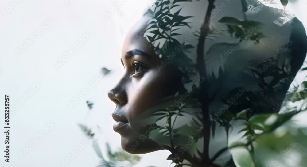A woman's portrait with a double exposure effect in a green forest ...