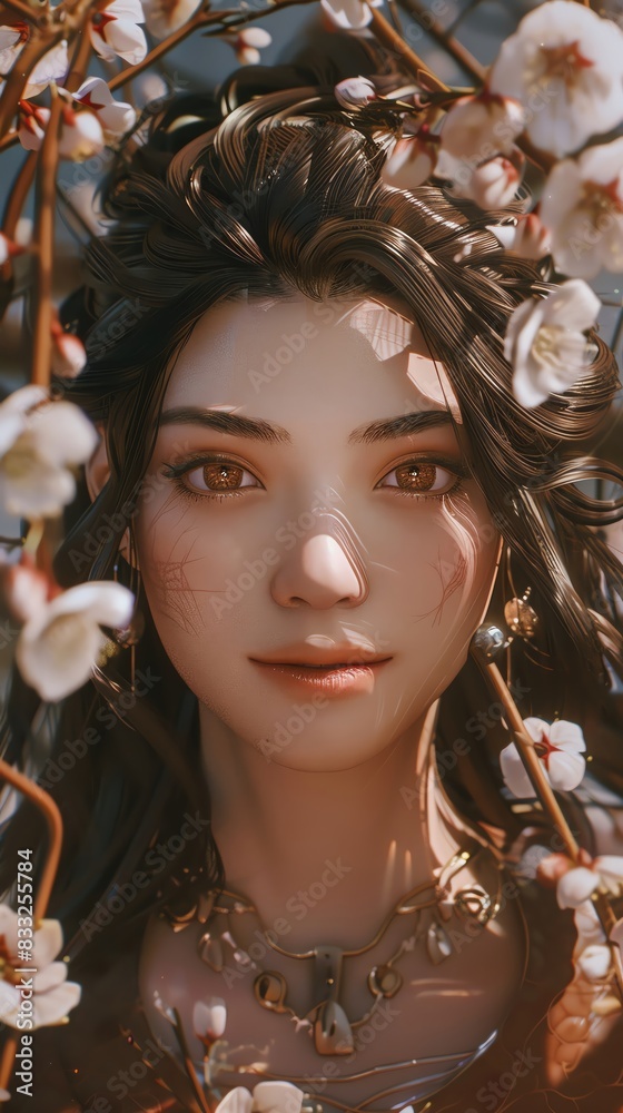 A goddess with flowing hair and a gentle smile among plum blossoms, front view, emphasizing warmth and beauty, cybernetic tone, Triadic Color Scheme A goddess with flowing hair and a gentle smile among plum blossoms, front view, emphasizing warmth and beauty, cybernetic tone, Triadic Color Scheme