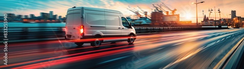 Modern delivery shipment cargo courier van moving fast on motorway road, fast package delivery	 photo