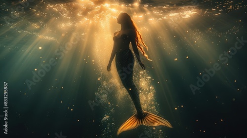 Silhouette of a mermaid swimming in the deep blue sea. Mythical creatures of the sea photo