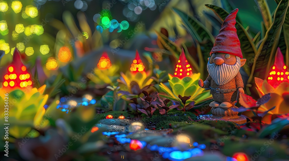Naklejka premium A magical garden with 3D rendered clay gnomes and glowing plants, vibrant colors, whimsical design