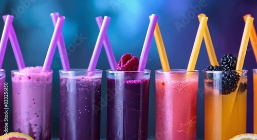 Coldpressed juice straws in a row offer a variety of flavors. Concept Coldpressed Juice, Straws, Flavorful, Variety, Healthy Drinking photo