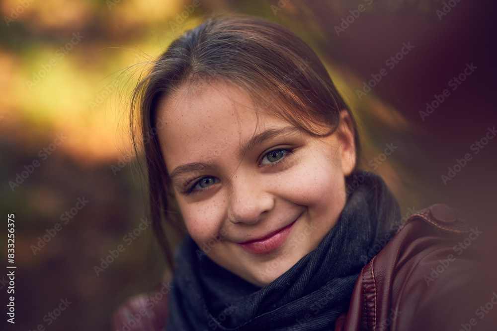 Outdoor, face and kid with smile, selfie and photography for memory in woods, winter and girl in park. Happiness, profile picture and child in forest for trip, camping and morning with joy and cute Outdoor, face and kid with smile, selfie and photography for memory in woods, winter and girl in park. Happiness, profile picture and child in forest for trip, camping and morning with joy and cute