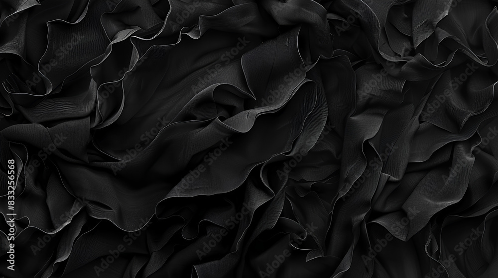 Fototapeta premium Black abstract background with waves of fabric in the style of dark cloth for fashion or wallpaper design. 