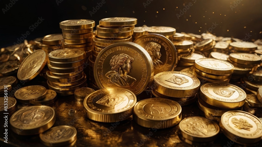 Pile of coins and gold bars on gold background Pile of coins and gold bars on gold background