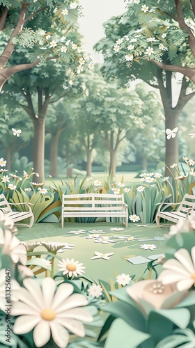 A tranquil park scene with paper cut art benches and flowers Soft pastels, layered design, serene atmosphere