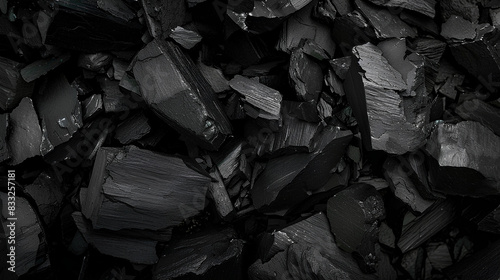  Black rocks, scattered in the dark background, with high contrast and low saturation, using black and gray tones, with a wideangle lens in a topdown view, creating a mysterious atmosphere. photo