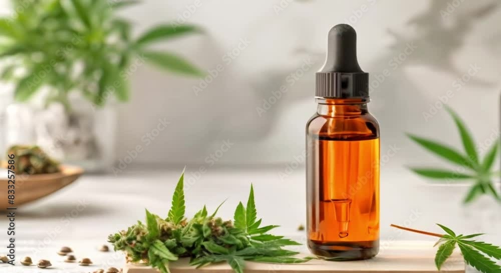 CBD-Infused Skincare Oil: Dropper Bottle with Cannabis Leaves and Buds. Concept CBD, Skincare, Oil, Dropper Bottle, Cannabis CBD-Infused Skincare Oil: Dropper Bottle with Cannabis Leaves and Buds. Concept CBD, Skincare, Oil, Dropper Bottle, Cannabis