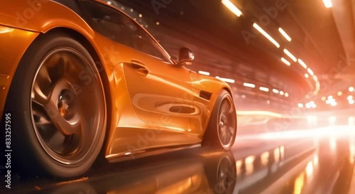 Blurry closeup of fast sports car wheel spinning on highway. Concept Automotive Photography, Motion Blur, High Speed, Close-up Shot, Dynamic Composition photo