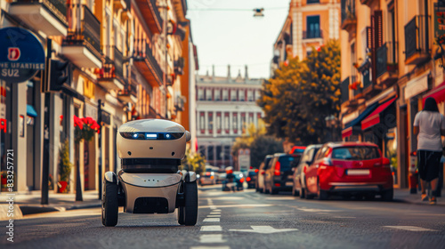 Modern automated food delivery robot drives along a city street. Autonomous innovation bot for parcel delivery shipping. Economical, Eco-friendly and Energy Efficient Futuristic Deliveries, logistics