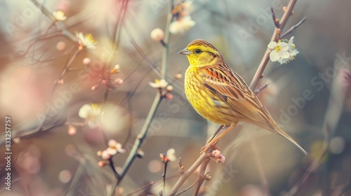 A lovely Yellowhammer perches atop the tree
