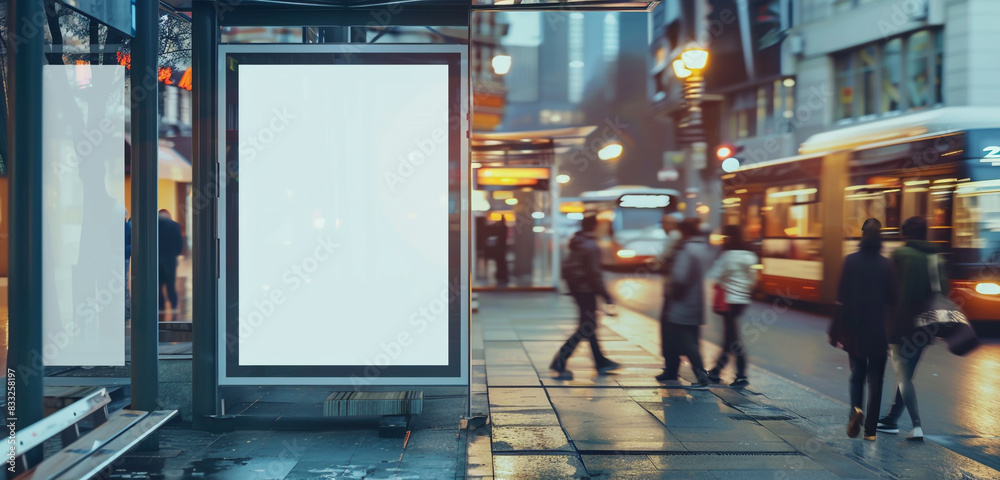 Classic vertical billboard mock-up at a bustling pedestrian street bus stop Classic vertical billboard mock-up at a bustling pedestrian street bus stop