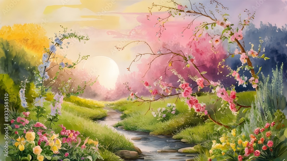 spring landscape with flowers Background Generative Ai spring landscape with flowers Background Generative Ai