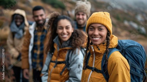 Group of friends smiling and hiking in the mountains, enjoying nature and outdoor adventure, dressed in outdoor gear and autumn clothing.