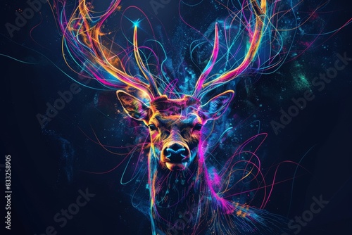 In this abstract painting, a multicolored neon deer's head is superimposed on a purple backdrop. photo