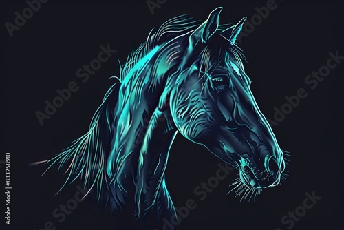 On a backdrop of deep blue  an abstract horse head is depicted.