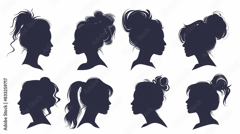 set of illustrations of silhouettes of women's heads from the side set of illustrations of silhouettes of women's heads from the side
