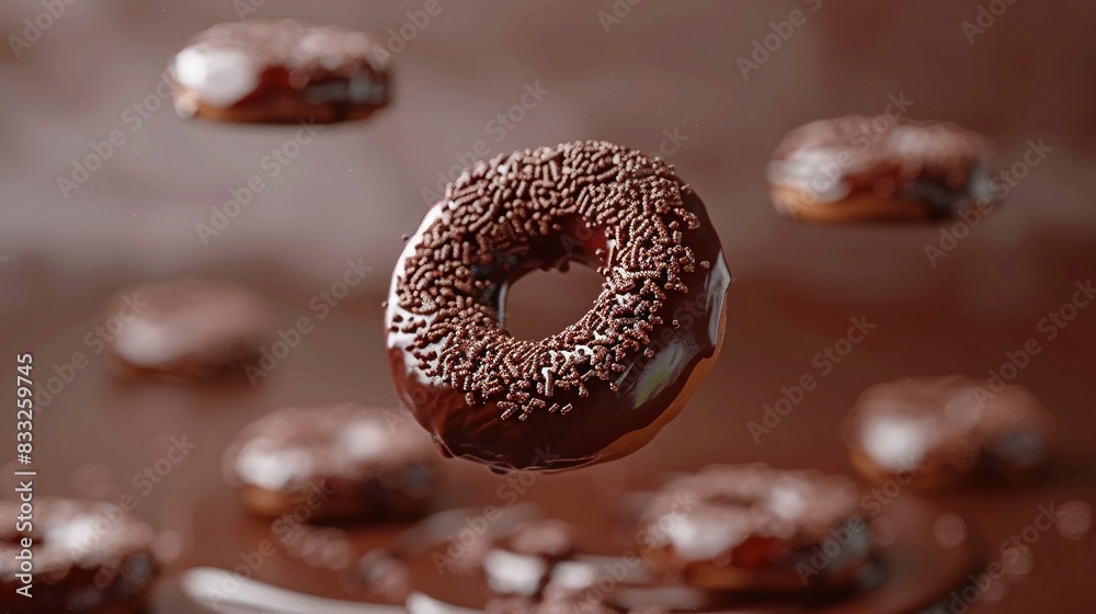 Delicious chocolate donuts floating in the air with rich chocolate coating and sprinkles, set against a chocolatey background. 3D Illustration. Delicious chocolate donuts floating in the air with rich chocolate coating and sprinkles, set against a chocolatey background. 3D Illustration.