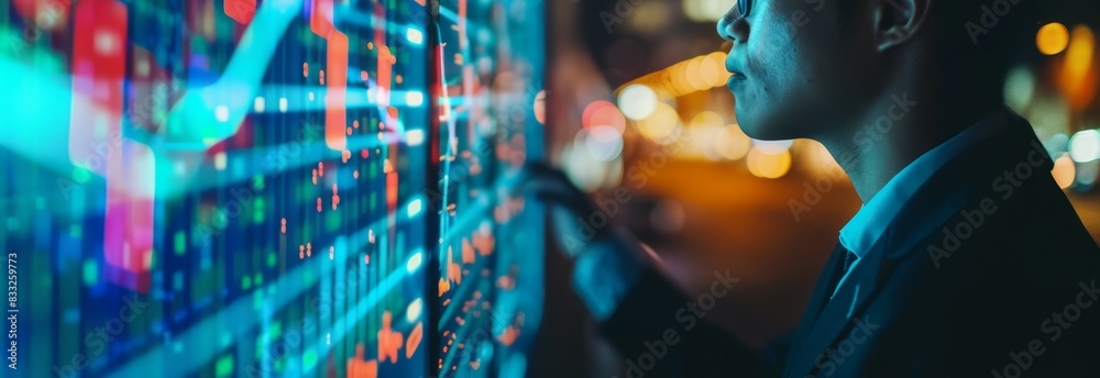 A business professional is using an artificial intelligence platform to stream real - time stock market data A business professional is using an artificial intelligence platform to stream real - time stock market data
