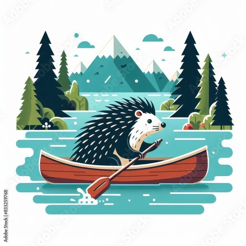 Porcupine Canoeing on Mountain Lake