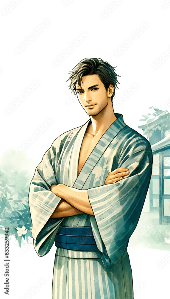 腕組をしている浴衣姿のワイルド系の男性