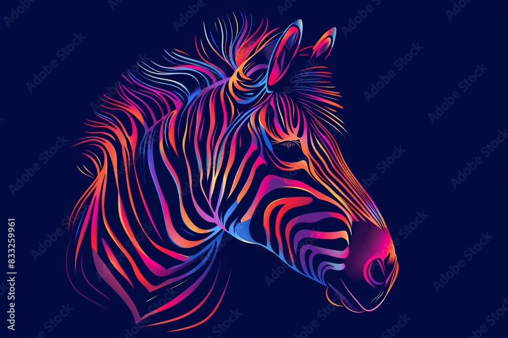 Obraz premium CG artwork shows a zebra in neon colors on a black backdrop with watercolor splatters.