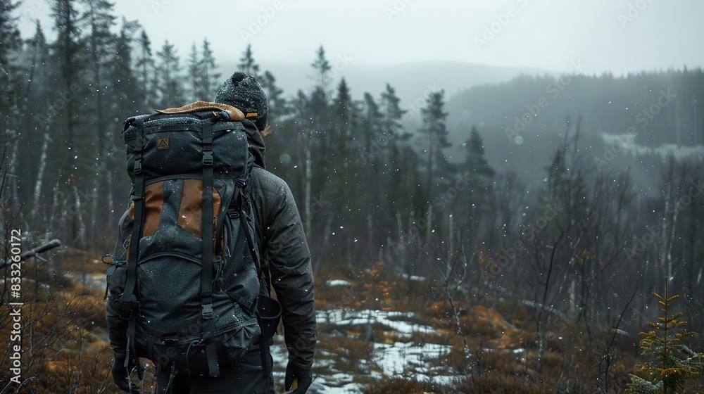 Solo backpacker in a snowy forest landscape, adventuring through dense woods on a misty winter day.