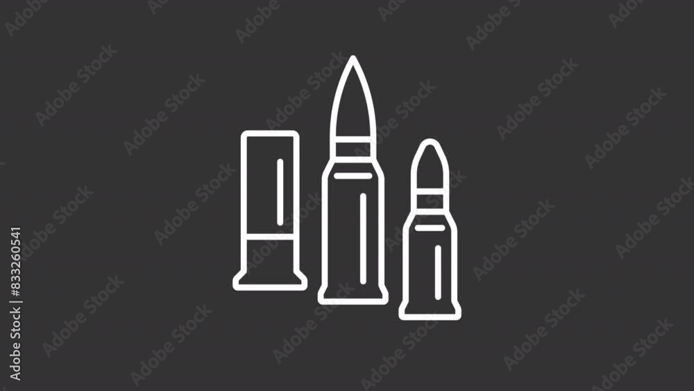 Animated caliber white icon. Bullets line animation. Military ammunition. Ballistics. Firearm bullets. Bullet shell. Isolated illustration on dark background. Transition alpha video. Motion graphic Animated caliber white icon. Bullets line animation. Military ammunition. Ballistics. Firearm bullets. Bullet shell. Isolated illustration on dark background. Transition alpha video. Motion graphic