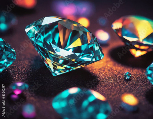 Il diamante, perfettamente tagliato, è posizionato su una superficie di velluto nero, esaltando la sua purezza e brillantezza. photo