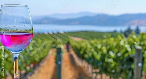 Wallpaper Mural Red wine glass on wooden table with vineyard background, perfect for adding text. Concept Wine Photography, Vineyard Setting, Wooden Table, Red Wine Glass, Text Overlay Torontodigital.ca