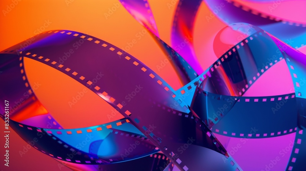 Colorful abstract image of twisted film photography strips against vibrant gradient background, representing creativity and media art.