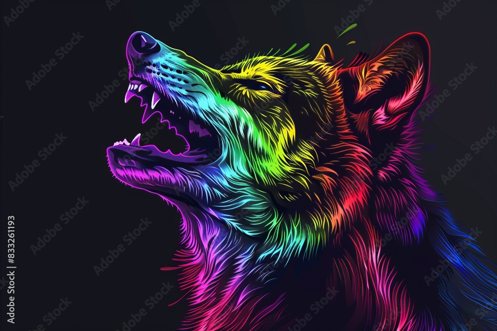 Fototapeta In this pop art illustration, the wolf appears against a black background with vibrant neon colors and splatters of watercolor.