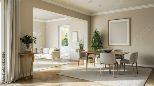 Modern interior design of apartment  dining room with table and chairs   living room with beige wall  panorama.