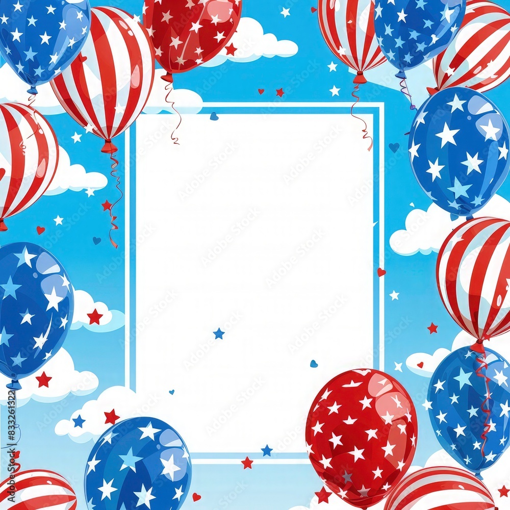Obraz premium Balloons frame create with American flag, a background with sky view. Independence day square frame. memorial day frame with copy space