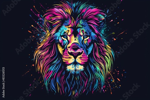 A lion s head on a black background with splashes of watercolor in a pop art style. Abstract  multicolored  neon picture.