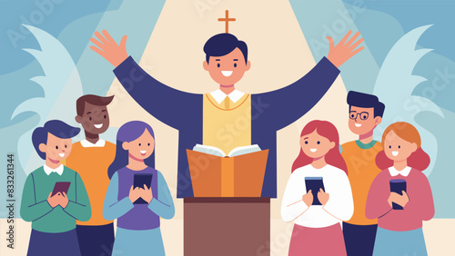 The youth pastor stands at the altar surrounded by a group of teenagers as they collectively recite a powerful call to worship inviting the. Vector illustration