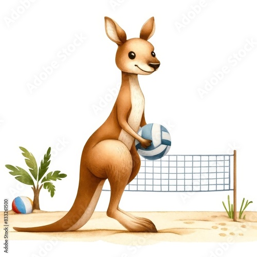 A cartoon kangaroo is holding a volleyball and standing in front of a net photo