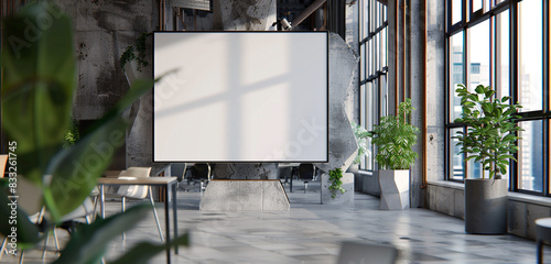 Business team concentrates on a compact hexagonal blank TV screen in a light-filled office with large windows. photo