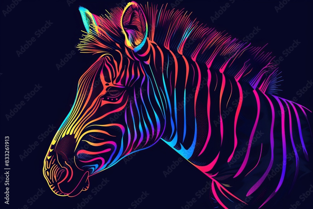 Pop art zebra depicted in neon colors on a black background featuring watercolor splatters. Pop art zebra depicted in neon colors on a black background featuring watercolor splatters.