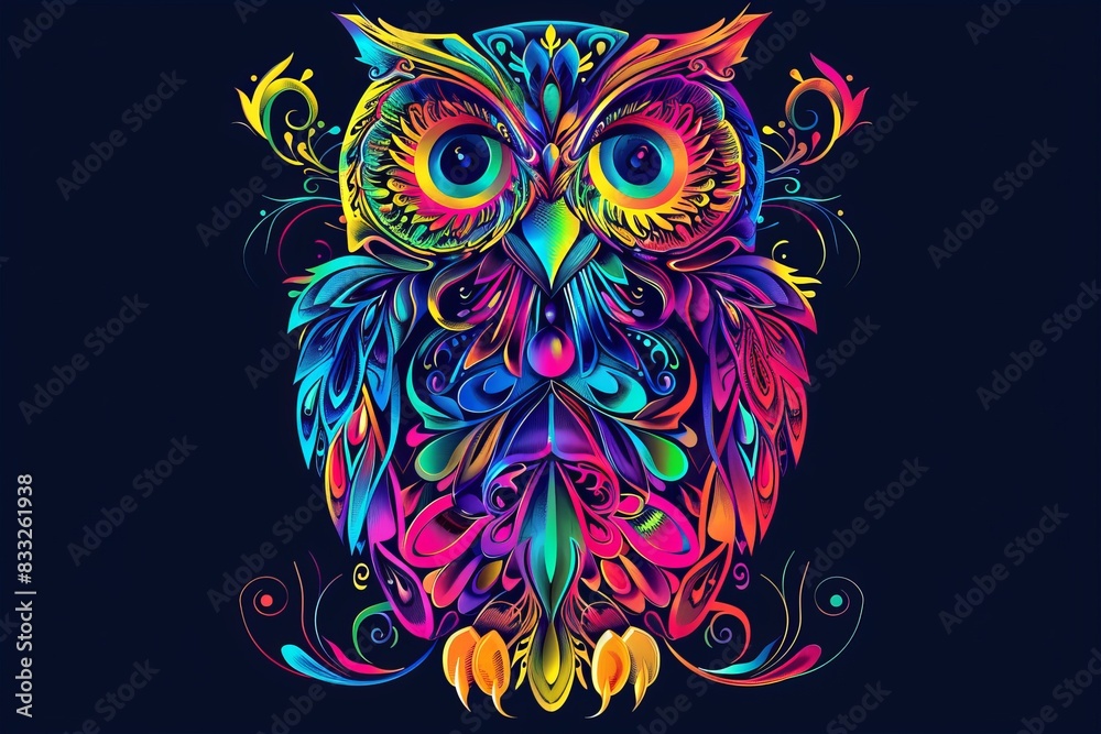 Fototapeta An abstract and colorful portrait of an owl done in the style of pop art, superimposed on a black backdrop.